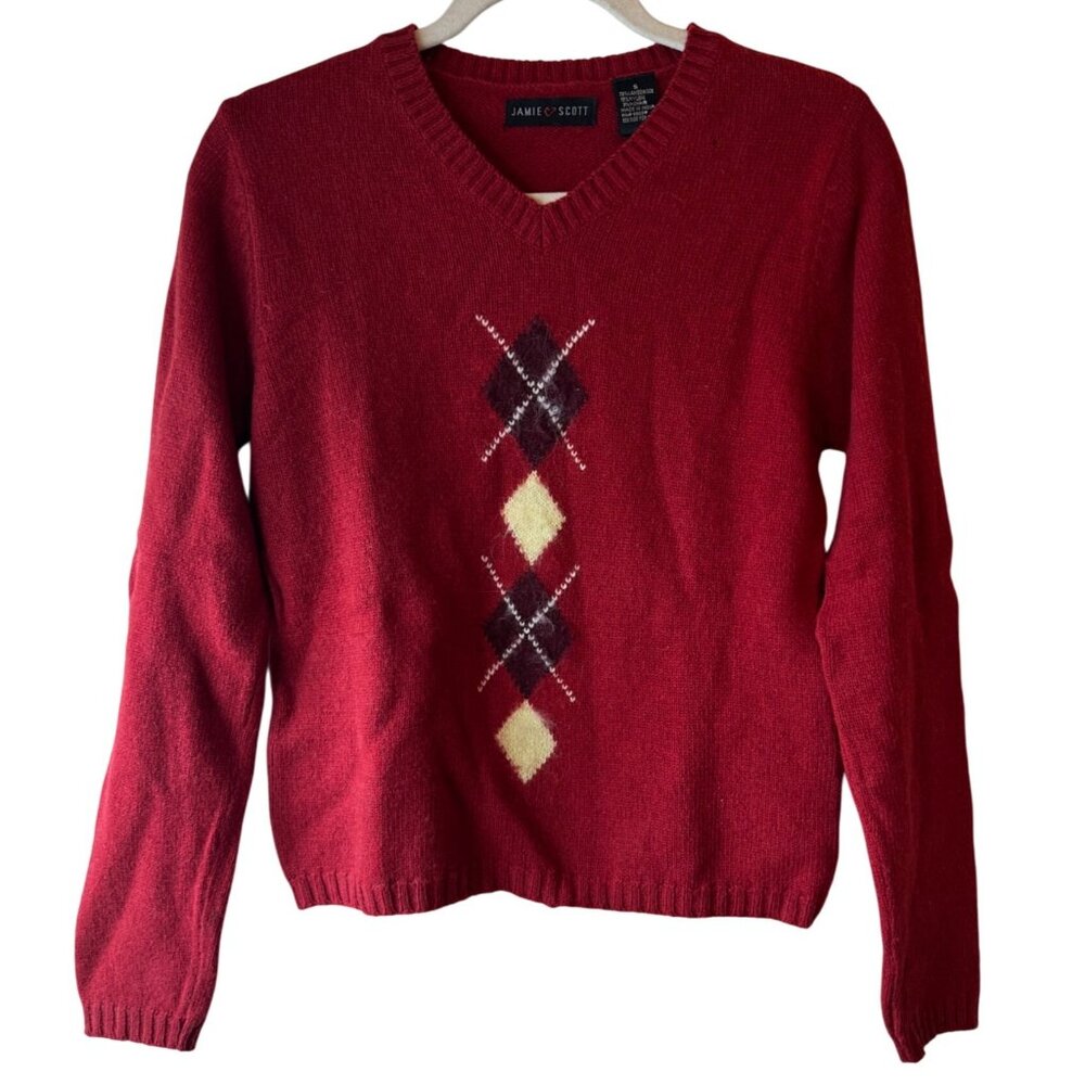 vintage Jamie Scott Red Argyle V-Neck long sleeve Sweater Small Made In India